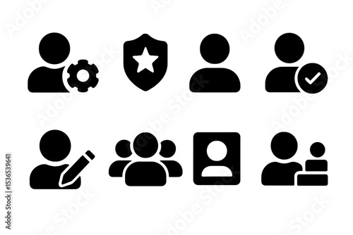 User Role Icons. Solid style icons of user types and roles: admin user icon, moderator badge, guest user, registered profile,