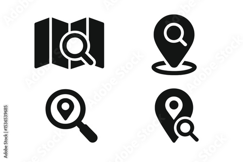 Map Icon Search. Solid style icons of location and map search: magnifier on map, GPS search icon, place lookup, search location