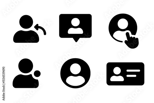 User Interaction Icons. Solid style icons of user interactions and interface: user hover icon, profile with tooltip, avatar click