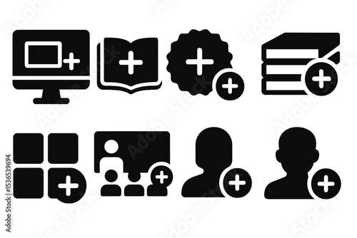 Education Icons Pack. Solid style icons of learning and education apps: add course icon, book with +, new lesson badge, study set