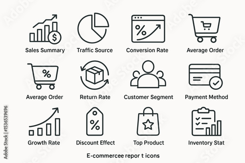 E-commerce report icons: sales, traffic, conversion, cart, growth