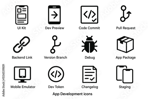 App development icons: ui kit, dev preview, code commit, pull request