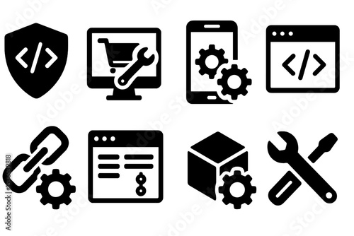 Development Tools Icons. Solid style icons of development tools: code badge, ecommerce feature dev, app builder icon, frontend