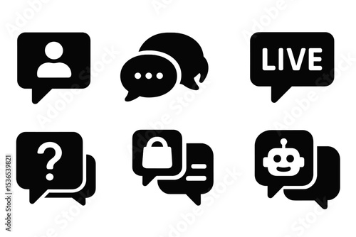Chat Interaction Icons. Solid style icons of chat and interaction: customer message icon, support chat bubble, live chat badge,