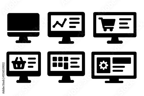 Desktop Commerce Icons. Solid style icons of desktop commerce tools: monitor icon, desktop dashboard, ecommerce app on desktop,