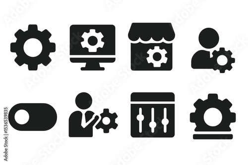 Settings Icons. Solid style icons of settings and preferences: gear icon, system preferences, shop settings, user control, toggle