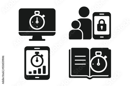 Screen Time Icons. Solid style icons of screen time tracking: user dashboard with timer, parental control icon, screen timer with
