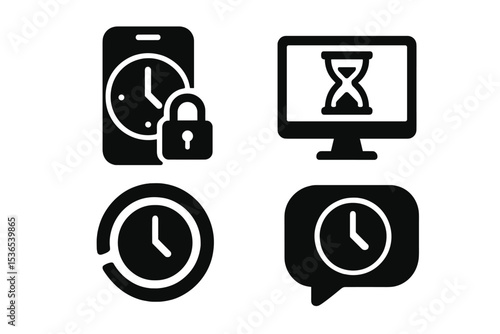 Screen Time Icons. Solid style icons of screen time tracking: timer lock screen, hour monitor widget, tracked screen ring, session