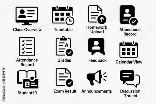 Class overview icons: calendar, homework, attendance, grades, announcements, discussion