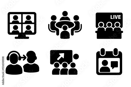 Solid Style Meeting Icons. Solid style icons of meetings in social platforms: video group, roundtable icon, voice room, live panel