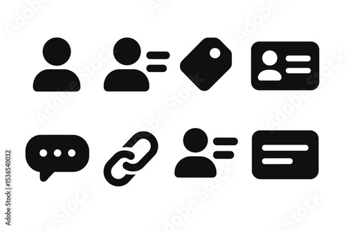 Bio Elements Icons. Solid style icons of bio elements: intro icon, personal line, bio tag, account snippet. Solid style of short