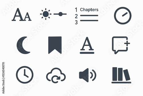 User interface icons: text, sun, list, clock, moon, bookmark, comment, cloud, speaker, books