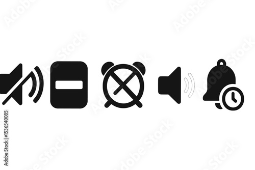Silent Mode Icons. Solid style icons of silent mode: sound wave with block icon, do not disturb panel, alarm off badge, sound icon