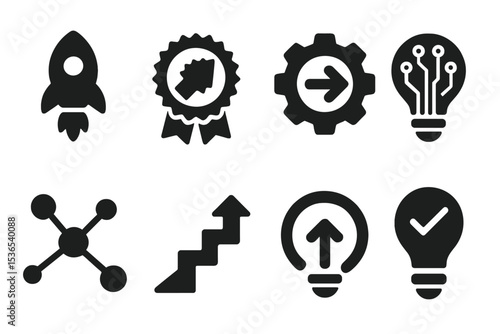 Business Innovation Icons. Solid style icons of business innovation: rocket bulb, breakthrough badge, next-gen gear, creative