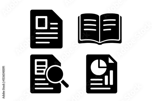 Research Icon Set. Solid style icons of reading and research: document file, article preview, book tab, report card. Solid style