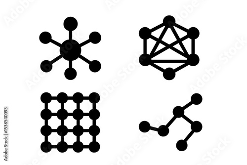 Innovation Network Icons. Solid style icons of innovation networks: connected nodes, collaboration web, peer grid, network links.