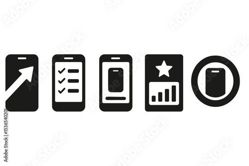 Screen Goals Icons. Solid style icons of screen goals: goal arrow with phone silhouette, step-by-step screen plan, progress bar