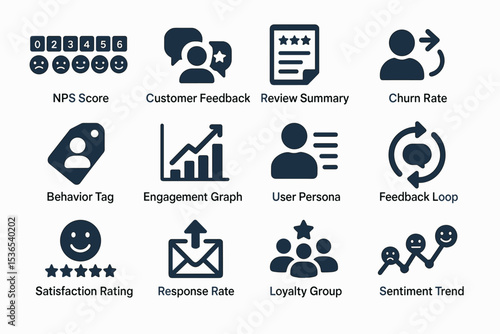 Customer feedback icons: nps, engagement, loyalty, sentiment, churn