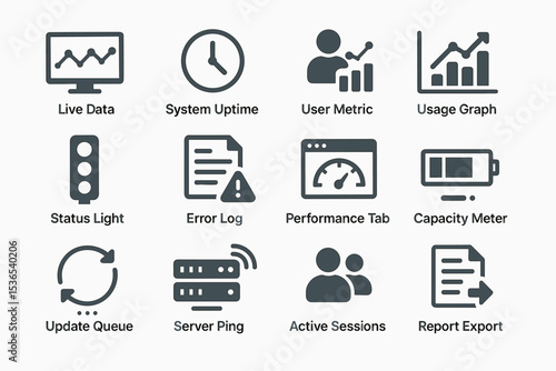 Data management icons: live data, system uptime, user metrics, usage graph, and more