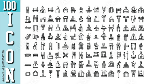 Collection of 100 Minimalist Line Art Icons Depicting Various Subjects and Objects