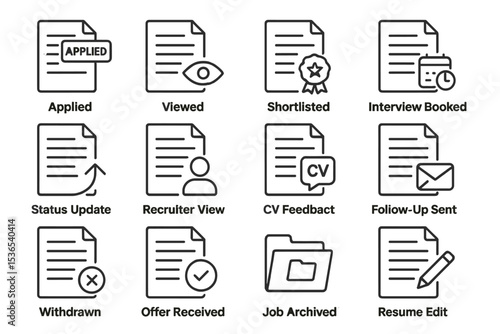 Job application status icons: applied, shortlisted, interview, offer, withdrawn