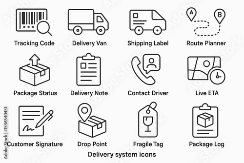 Delivery system icons: tracking, shipping, and package management symbols