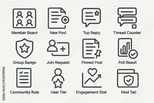 Forum feature icons set: member board, new post, top reply, thread counter, group badge