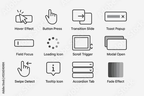 Ui interaction icons: hover, button, transition, tooltip, modal, swipe, loading, scroll