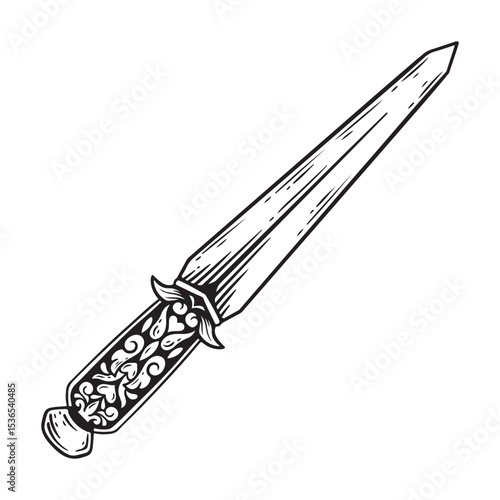 Sword. Hand drawn illustration of a saber. Black and white vector illustration.