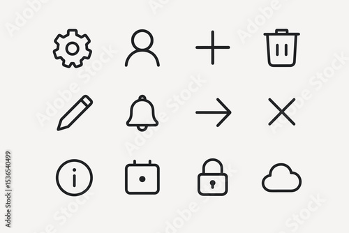 Set of 12 minimalist interface icons including settings, user, and lock