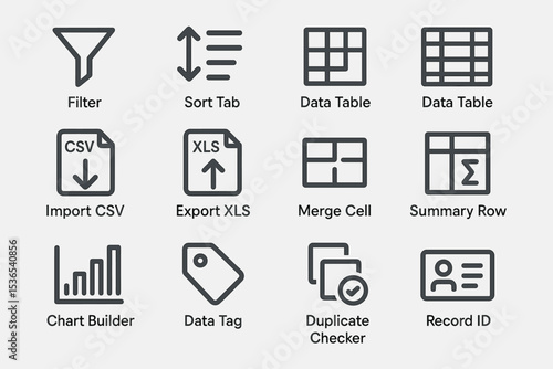 Data management icons: filter, sort, table, csv, xls, merge, summary, chart, tag, duplicate, id