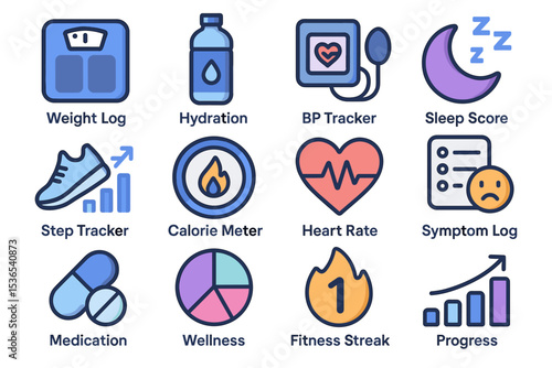 Health tracking icons: fitness, wellness, hydration, sleep, and medication symbols