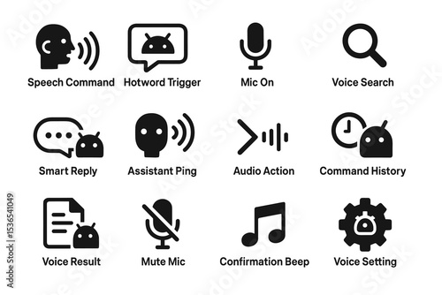 Voice command icons: speech, mic, audio, search, settings, notifications