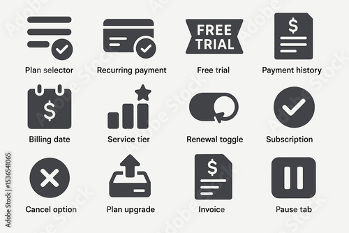 Business icons: payment, subscription, trial, invoice, billing, upgrade, renewal, selector, cancel, pause