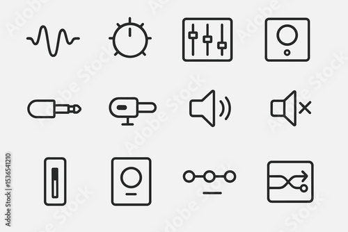 Minimalist audio control icons: waveform, knobs, sliders, and connectors for sound design