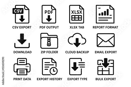 Data export icons set: csv, pdf, xlsx, report, download, backup, email, print