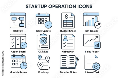 Startup operation icons set: workflow, budget, kpi, sales, tasks