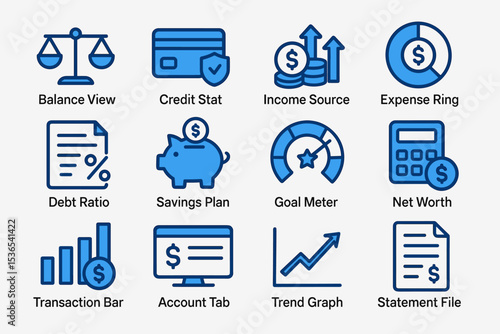 Financial icons set: balance, savings, income, expenses, net worth