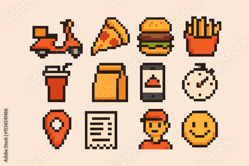 Retro pixel art fast food and delivery icons