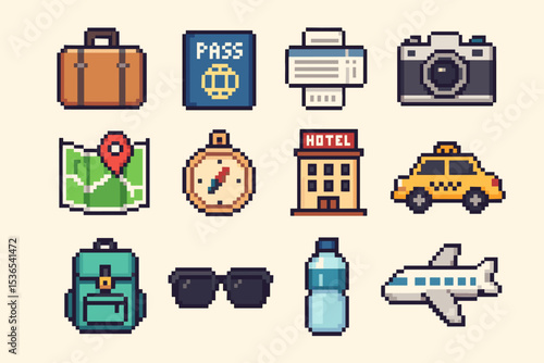 Pixel art travel icons set with suitcase, camera, taxi, and airplane