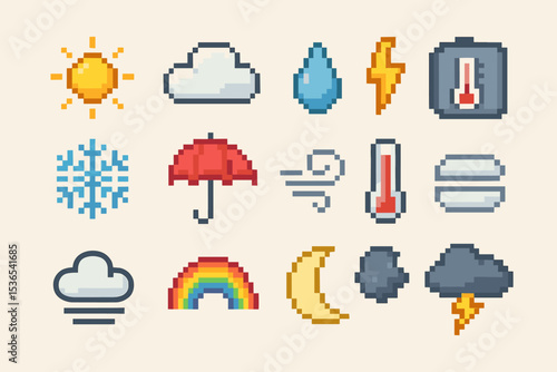 Pixel art weather icons: sun, cloud, rain, lightning, thermometer, snowflake, umbrella, wind