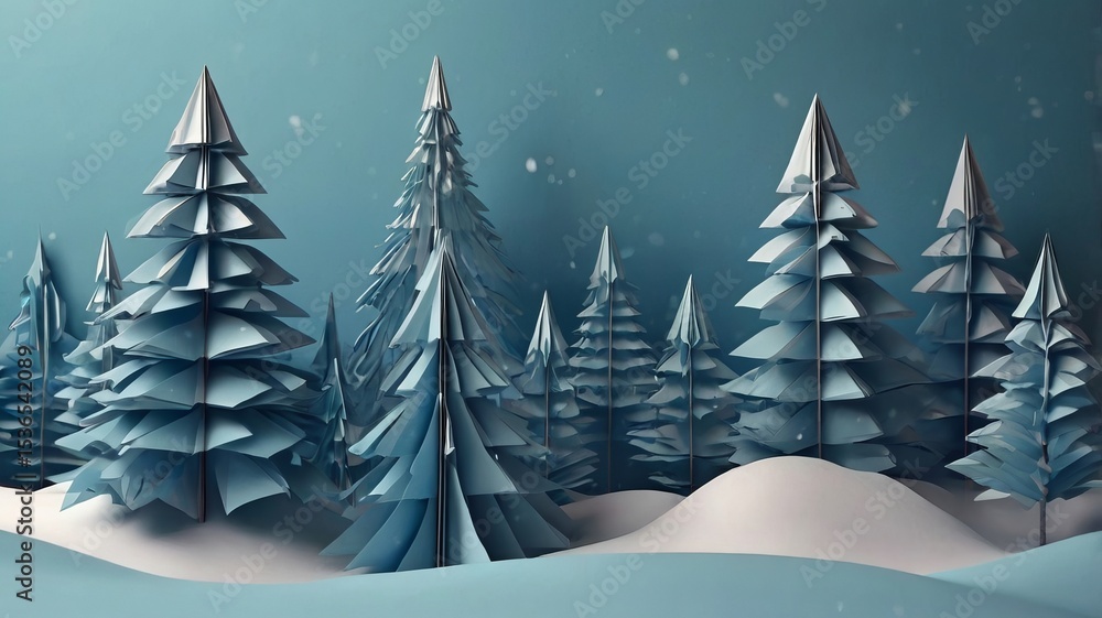 Fototapeta premium Winter Abstract Snow and Pine Paper Cut Illustration - 4