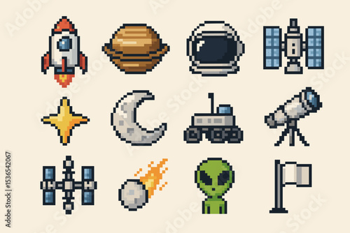 Pixel art space icons featuring rocket, planet, astronaut helmet, satellite, alien, moon, telescope