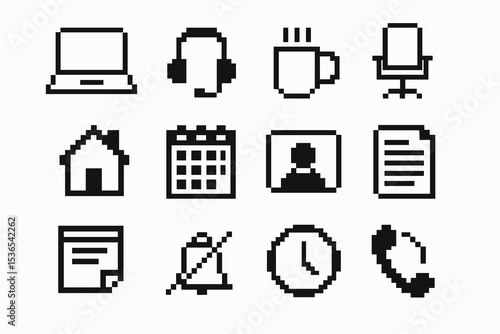 Pixel art office and communication icons: laptop, headset, coffee, chair, house, calendar, person, document, note, alarm, clock, phone
