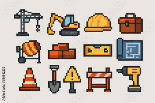 Pixel art construction tools collection with cranes, helmets, drills, and more