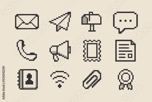 Retro pixel communication icons including mail, phone, and wi-fi symbols