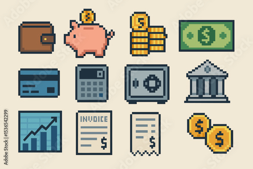 Retro pixel art financial icons featuring wallet, piggy bank, and banknotes
