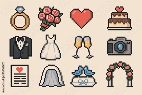 Pixel art wedding icons: rings, flowers, cake, attire, and love symbols