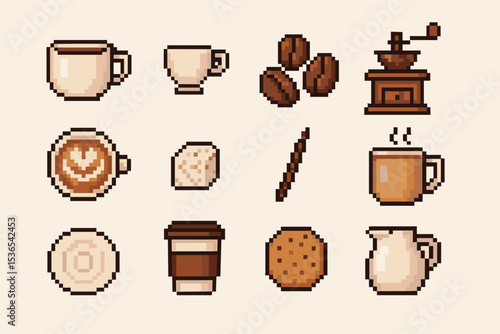 Retro pixel coffee icon set featuring cups, beans, grinder, and accessories