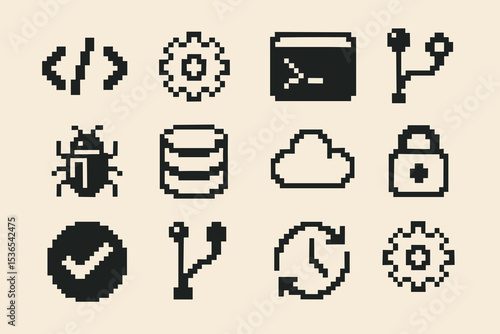 Retro pixel icons of technology and security elements